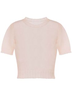 beige semi-sheer construction ribbed detailing crew neck short sleeves cropped Sheer Short Sleeve Crop Top, Beige Short Sleeve Pointelle Knit Top, Beige Pointelle Knit Short Sleeve Top, Sheer Mesh Top With Crew Neck, Sheer Knit Top, Sheer Knit, Brand Clothes, Versace Outfit, City Dress