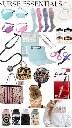 a collage of various items that include purses, hair clips, scissors and more