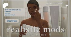 an advertisement for the realistic mods skin care product, featuring a woman holding her hand up to her face