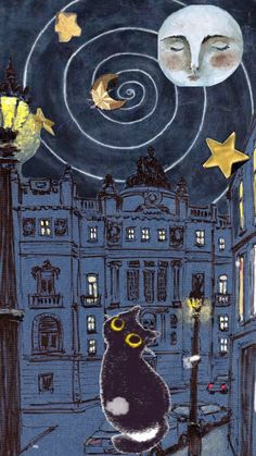 a drawing of a cat sitting on a ledge looking at the moon and stars in the night sky