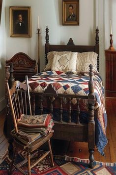 an old fashioned bedroom with antique furniture and paintings on the wall