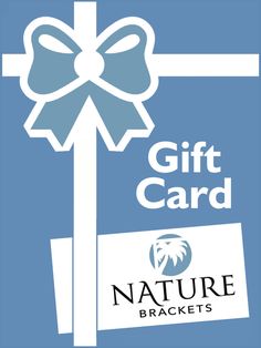 a blue gift card with a bow on it and the words nature brackets in white