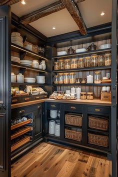 an open pantry filled with lots of food and containers on top of wooden flooring