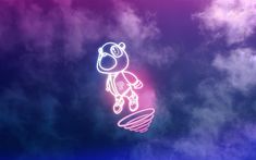 a neon drawing of a person jumping on a trampoline in the sky with clouds