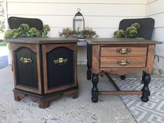 two wooden side tables sitting next to each other on top of a cement floor covered patio