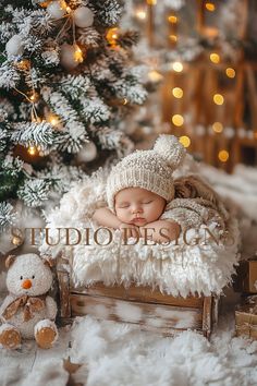 a newborn baby is sleeping in a sleigh next to a christmas tree with lights