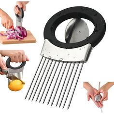 several different types of vegetable cutters and graters on a cutting board with onions