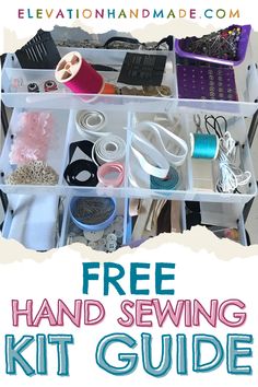 the free hand sewing kit guide for beginners is shown with scissors, thread and other items