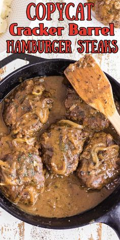 Overhead view of hamburger steaks in a pan. Hamburger Steak With Onion Gravy, Onion Gravy Recipe, Hamburger Gravy, Copycat Cracker Barrel, Hamburger Steaks, German Food Authentic, Steak And Onions, Herb Roasted Potatoes