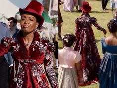 a woman wearing a red hat and dress in front of other people at an outdoor event