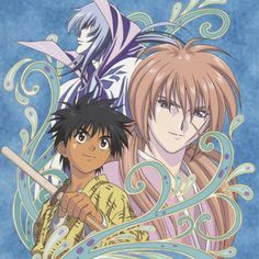 two anime characters standing next to each other in front of a blue background with swirls