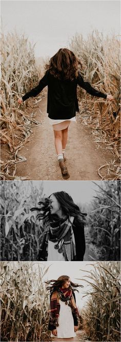 three different pictures showing the same person walking through a cornfield with their hands in the air