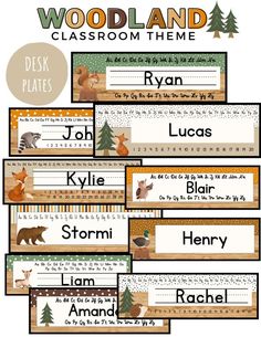 classroom name tags with woodland animals and trees on them, including the names for each class