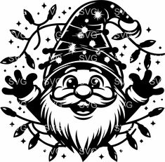 a black and white drawing of santa claus with stars around it's head, surrounded by leaves