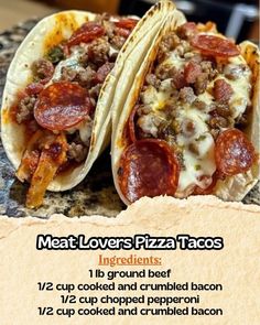 two tacos with meat, cheese and pepperoni on them