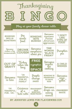 the thanksgiving bingo game for families to play on their family's dinner table, with free printables