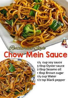 an advertisement for chow mein sauce with broccoli and noodles