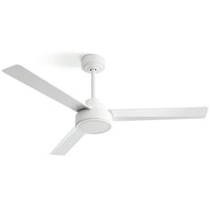 a white ceiling fan with two blades on the top and one light on the bottom