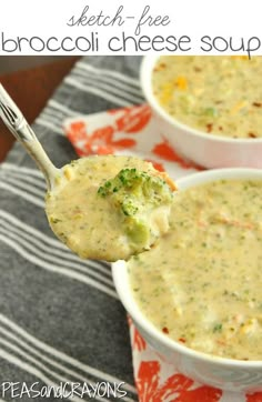 two white bowls filled with broccoli cheese soup