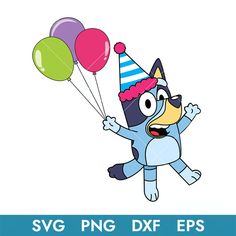 a cartoon penguin flying with balloons and wearing a party hat