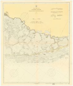 an old map of the ocean with many different areas in yellow and white, including water