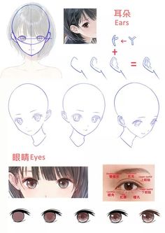 an anime character's face and eyes are shown in three different ways, including the eye