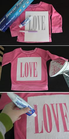 two pictures show how to make t - shirts with the words love and love on them