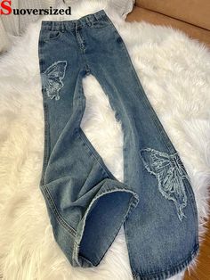 Butterfly Embroidery High Wiast Flare Vaqueros Design Vintage Casual Pantalones Korea Boot Cut Jeans Boot Cut Jeans Women, Butterfly Jeans, Butterfly Pants, Christmas Board, Butterfly Embroidery, Vintage Casual, Jeans Women, Boot Cut Jeans, Cut Jeans