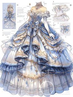 a blue and white dress with lots of details on the bottom, including an elaborate bustle