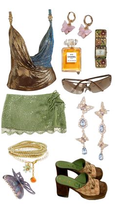 a woman's clothing and accessories including shoes, sunglasses, necklaces, bracelets and jewelry