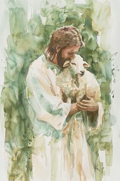 a watercolor painting of a person holding a sheep