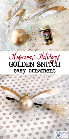 homemade holiday golden snitch easy ornament with feathers and beads on it