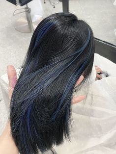 Blue Hair Subtle, Blue Lowlights In Black Hair, Blue Hair Color Aesthetic, Blue Peek A Boo Hair, Black Hair With Blue Strands, Blue Hair Highlights For Black Hair, Root Hair Color Ideas, Blue Streaks In Black Hair, Black Hair With Blue Streaks