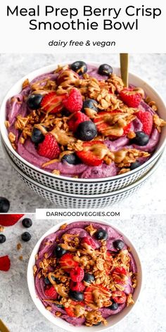 a bowl filled with fruit and granola next to another bowl full of granola