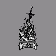 dark soul's logo on a grey background with skulls and swords in the middle