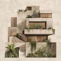 an architectural rendering of a building with plants growing on the balconies and stairs