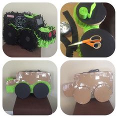 four pictures of different things made out of construction equipment and paper machs with scissors