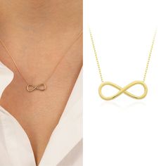 "The 14k Gold Infinity Necklace is the ultimate statement piece for any jewelry collection. Crafted with the finest materials, this necklace boasts a timeless design that will never go out of style. The infinity symbol represents endless love and commitment, making it the perfect gift for that special someone in your life. The 14k gold construction adds a touch of luxury and sophistication, ensuring that this necklace will be treasured for years to come. The sleek and elegant design is versatile Modern Infinity Necklace For Gift, Minimalist White Gold Infinity Necklace, Dainty Infinity Necklace For Anniversary, Minimalist Infinity Clavicle Chain Necklace, Dainty Infinity Necklace As Gift For Her, Personalized Minimalist Infinity Necklace, Infinity Jewelry For Mother's Day, Minimalist Infinity Necklace In White Gold, Minimalist Gold Infinity Necklace