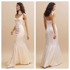 two pictures of a woman in a wedding dress and one is wearing a white gown