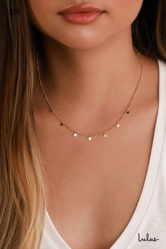 Accessorize your way to utter perfection with the Lulus In the Details Gold Coin Necklace! This dainty gold chain, decked out with tiny coin-shaped charms, looks amazing paired with a lacy cami, a cocktail dress, or any number of casual 'fits! Wear her alone or layer on multiple chains for a maximalist look! Lobster clasp closure. Necklace Measures 15. 75" Long With A 2" Extender Chain. Man Made Materials. Imported. Lulus | In the Details Gold Coin Necklace. Dainty Gold Chain, Sideways Initial Necklace, Minimalist Necklace Gold, Pretty Jewelry Necklaces, Gold Coin Necklace, Minimal Necklace, Initial Necklace Gold, Monogram Necklace