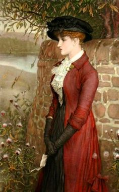 a painting of a woman in a red dress and black hat standing next to a stone wall