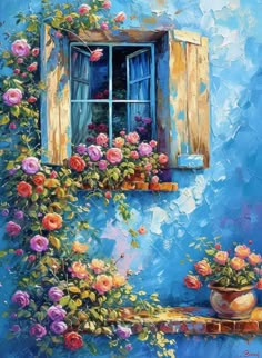 an oil painting of a window with flowers on it