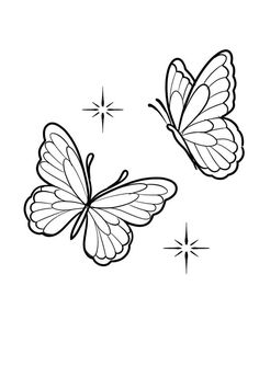 two butterflies flying in the sky with stars around them, one is black and white