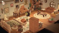 an aerial view of a living room with furniture and decorations on the floor, including a coffee table