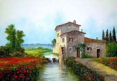 an oil painting of a house in the countryside with flowers and water running through it