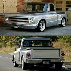 two pictures of an old pickup truck