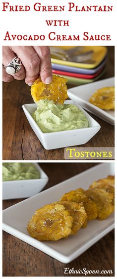 two pictures showing how to make fried green plantain with avocado cream sauce