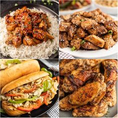 four different pictures of chicken and rice