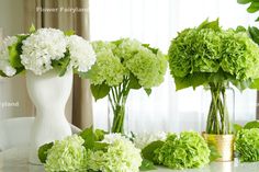 green and white flowers in vases on a table