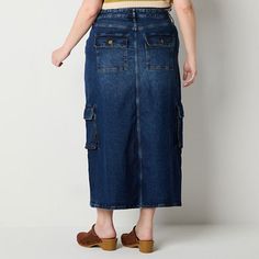 Crafted from durable stretch-cotton denim, this women's plus cargo skirt from a.n.a is versatile to wear throughout the seasons with everything from tank tops to sweaters. Cut to a high-rise, it has a button-zip fly, utility-style pocketing, and a front split.Front Style: Flat FrontClosure Type: Button & ZipperClosure Location: FrontPockets: 2 Front Flap Pockets, 2 Front Slip Pockets, 2 Back Flap PocketsRise: High RiseApparel Length: 39 InchesFiber Content: 99% Cotton, 1% SpandexFabric Descript… Utility Denim Cargo Skirt In Medium Wash, Utility Cargo Skirt In Medium Wash For Spring, Spring Utility Cargo Skirt In Medium Wash, Utility Denim Skirt With Pockets In Dark Wash, Utility Dark Wash Denim Skirt With Pockets, Utility Style Dark Wash Denim Skirt With Pockets, High Rise Cotton Cargo Skirt In Medium Wash, High Rise Medium Wash Cotton Cargo Skirt, Utility Denim Skirt In Cotton